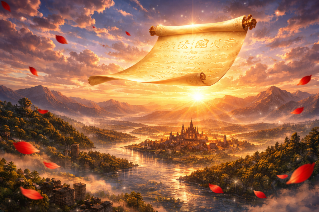 A symbolic sunrise over the kingdom representing the revival and continuation of Princess Yona’s epic journey.