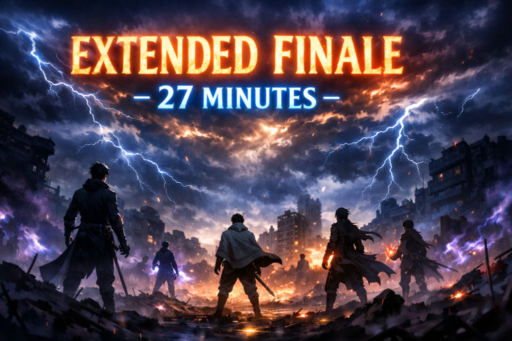 A dramatic announcement-style visual highlighting the extended 27-minute special episode, setting the tone for an intense mid-season finale.