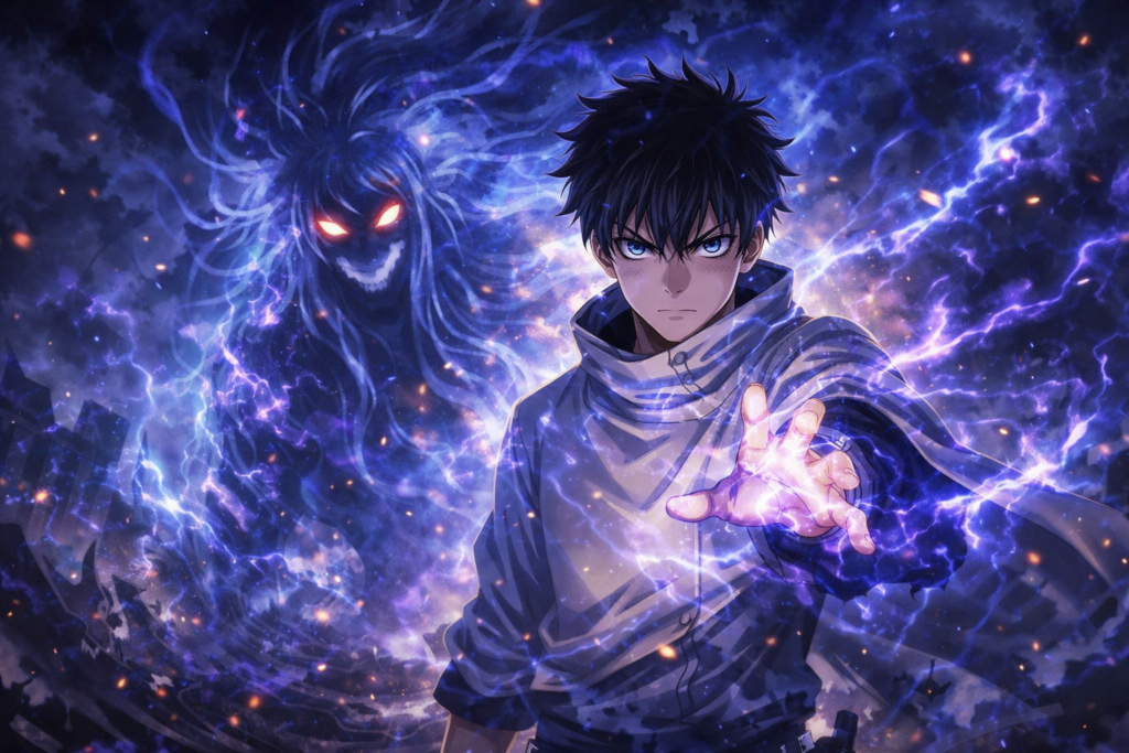 Captures the moment of Yuta’s power awakening, emphasizing his strength, aura, and connection with a mysterious cursed spirit.