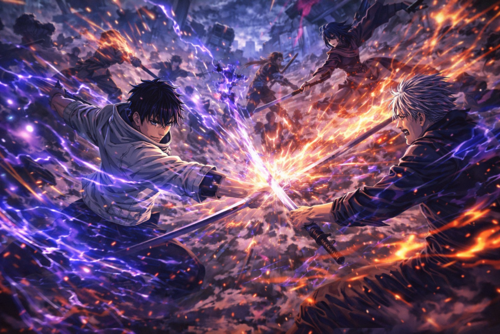 A high-energy action scene representing the brutal and unpredictable nature of the Culling Game arc.