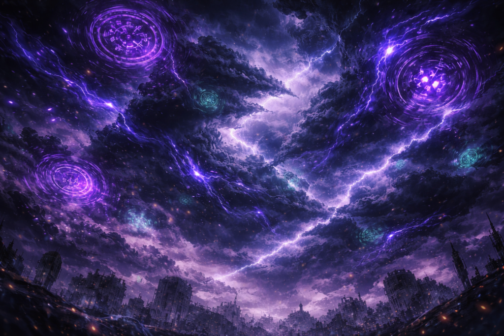 Creates an atmospheric backdrop representing the dark and supernatural tone of Jujutsu Kaisen.