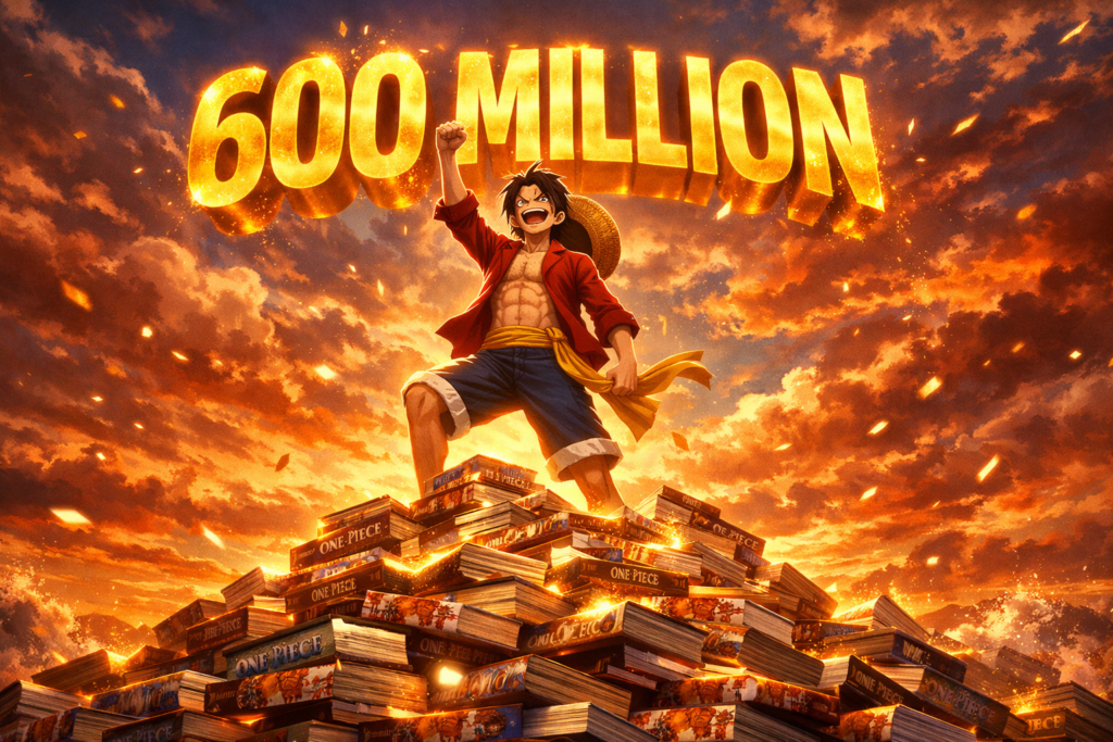 A powerful visual representing One Piece’s historic 600 million copies milestone, with Luffy symbolizing global success and legacy.