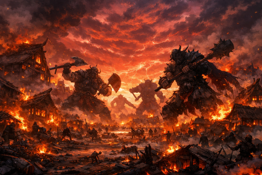 This image sets the tone of Chapter 1177—Elbaf transformed from a legendary land into a chaotic war zone filled with destruction and despair.