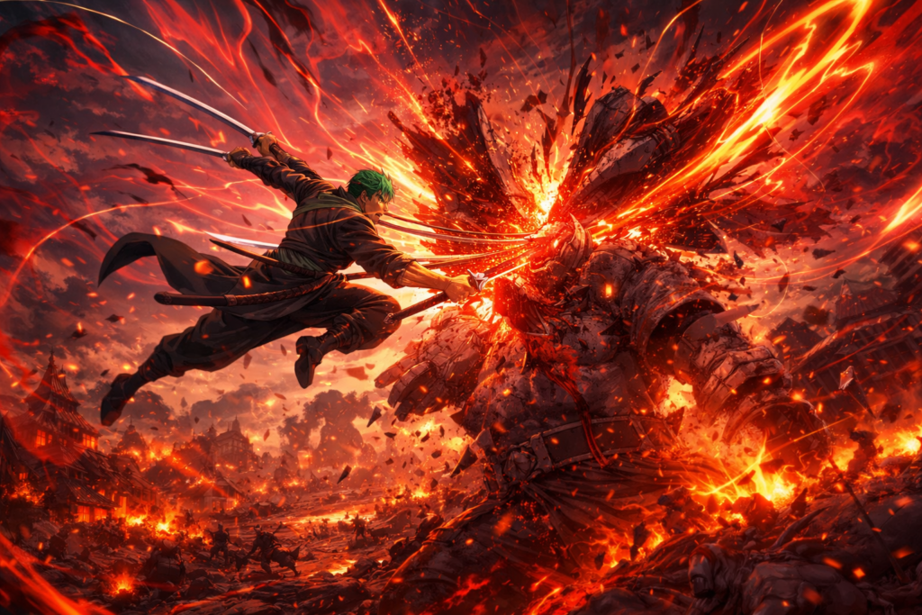 Captures the brutal evolution of Zoro’s combat style—fast, precise, and devastatingly lethal in the Final Saga.