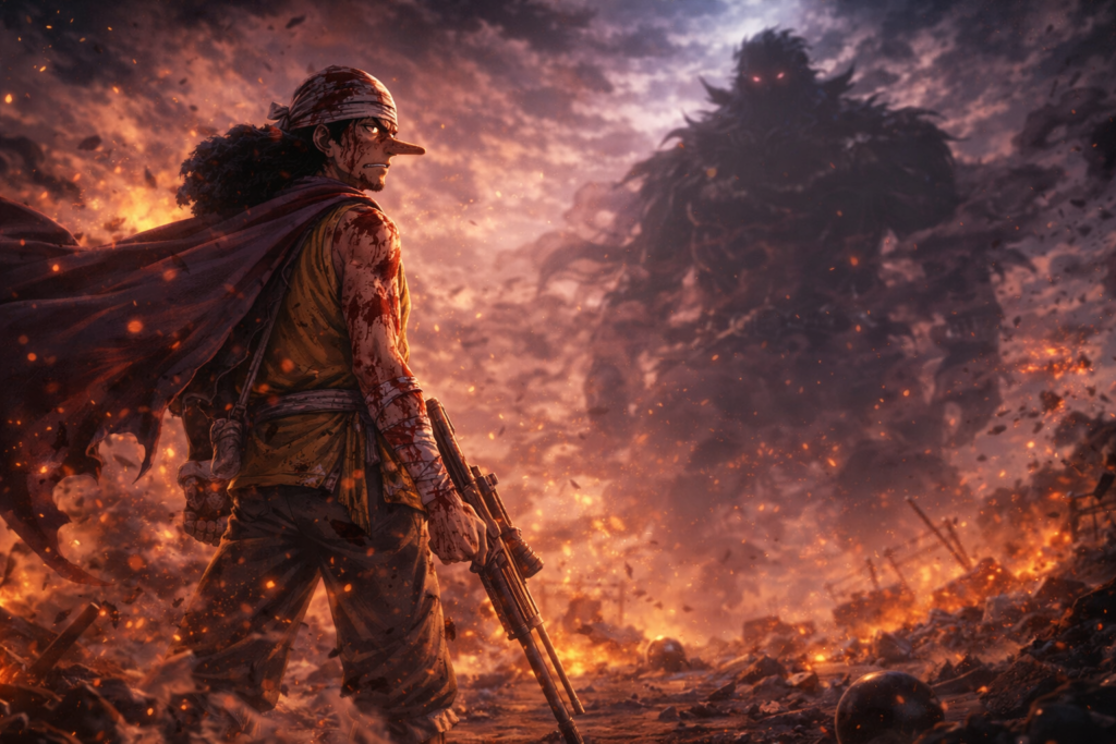 A powerful emotional moment showing Usopp’s transformation into a true brave warrior of the sea.