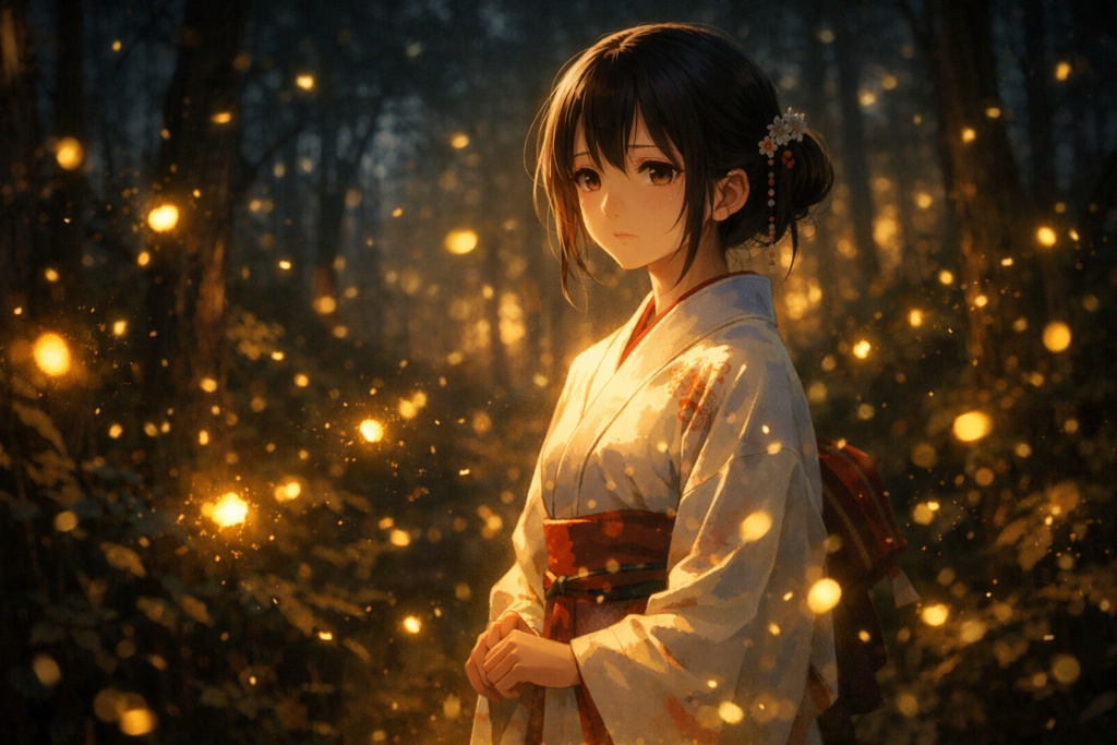 A powerful hero image capturing the emotional tone of the anime—mysterious, beautiful, and slightly haunting. Perfect as your blog’s main banner.