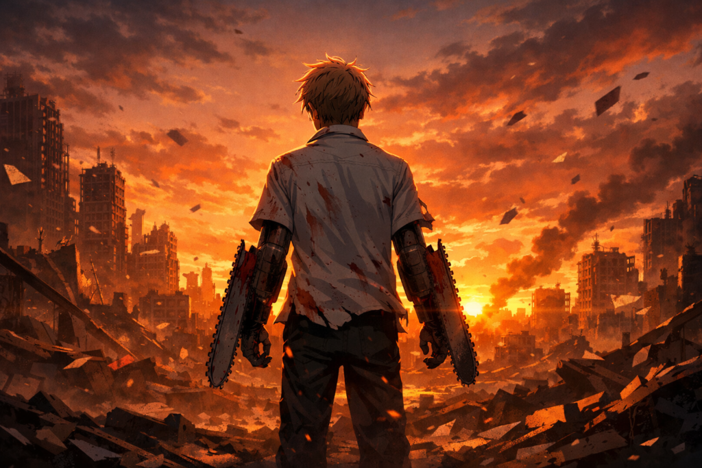 A powerful hero image capturing the emotional weight of the final chapter, symbolizing Denji’s journey and the end of an era.