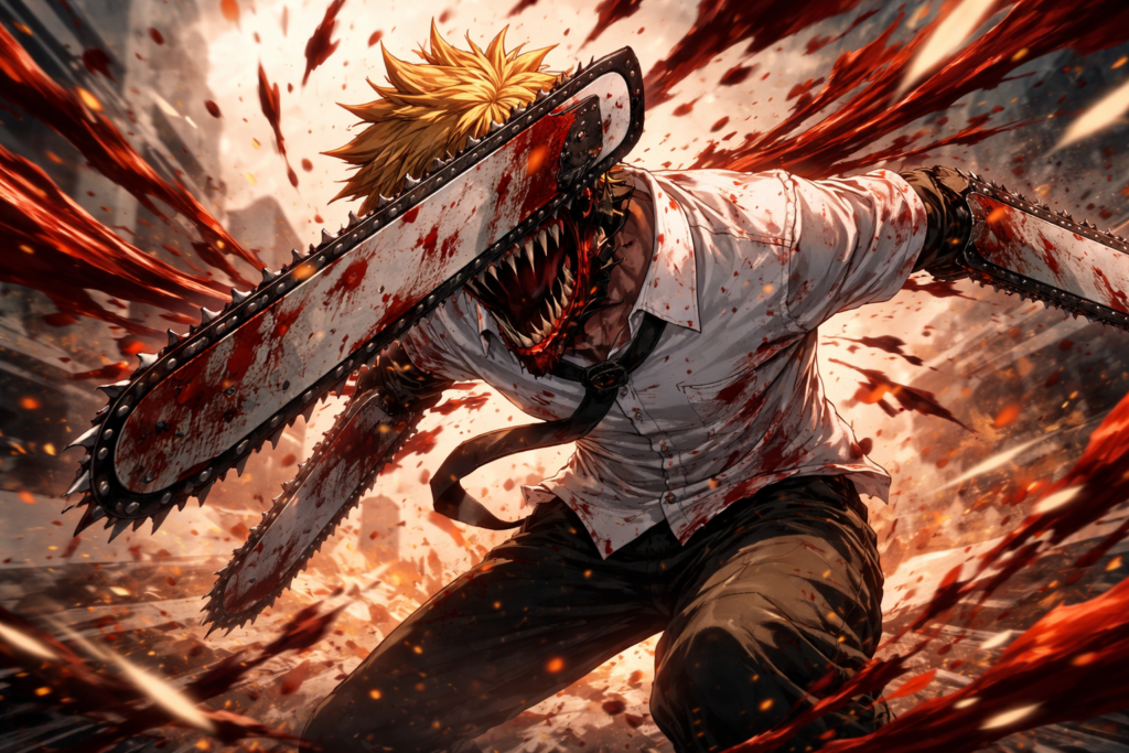 Showcases the raw energy and chaos that made Chainsaw Man iconic—perfect for grabbing reader attention instantly.