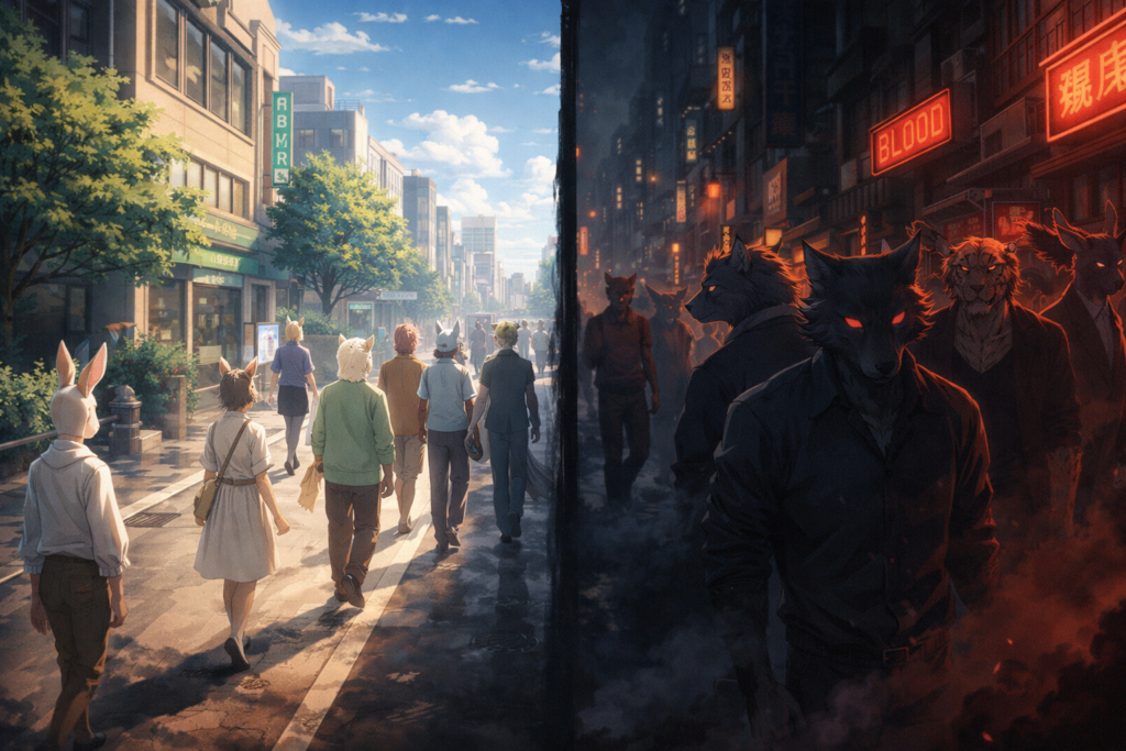 This visual represents the core theme of Beastars—conflict and imbalance between carnivores and herbivores.