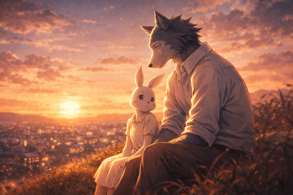 A heartfelt scene showcasing the complex and emotional relationship between Legoshi and Haru.