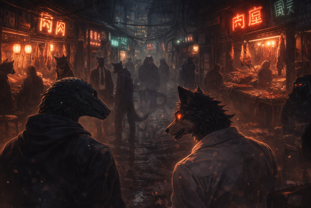 A glimpse into the darker side of Beastars’ world, highlighting crime, secrecy, and societal imbalance.