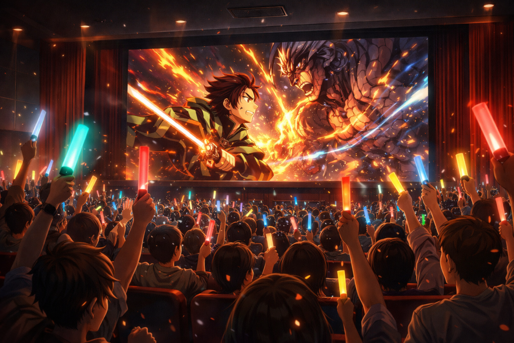 Captures the excitement of fans celebrating the movie’s massive success in theaters.