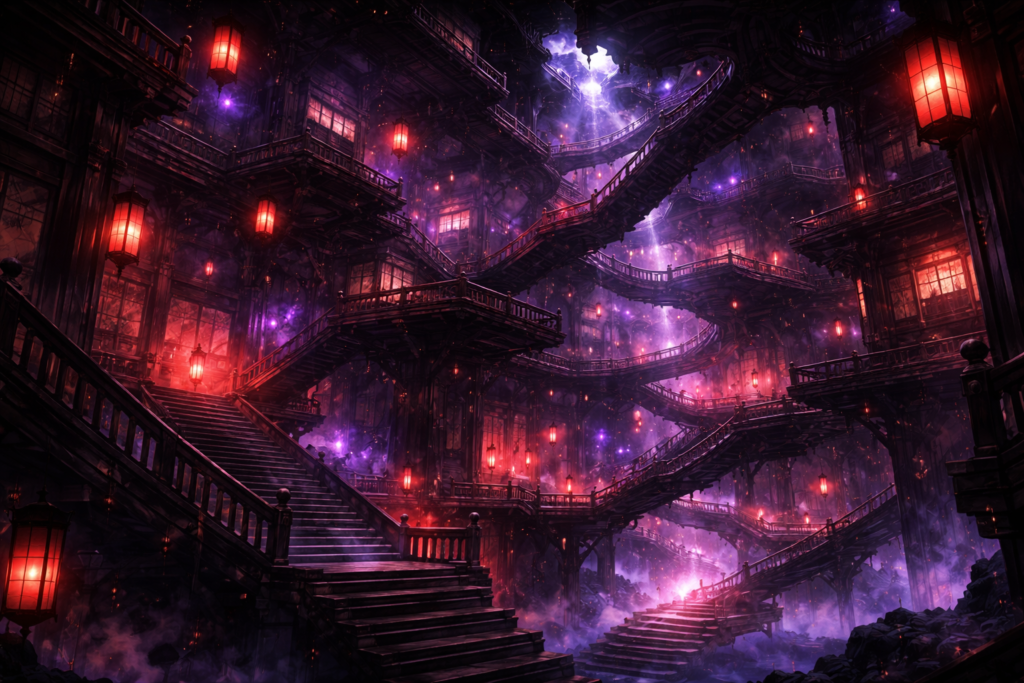 A mysterious and visually striking depiction of the Infinite Castle setting, creating intrigue for readers.