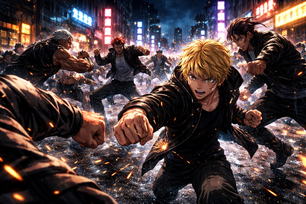 Captures the brutal and chaotic nature of gang warfare central to the Three Deities Arc.