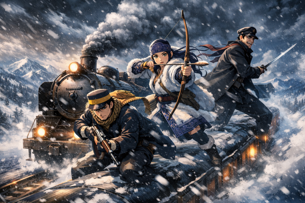 A powerful visual capturing the chaos of the Runaway Train Arc, with a speeding train cutting through the frozen wilderness as danger looms on all sides.