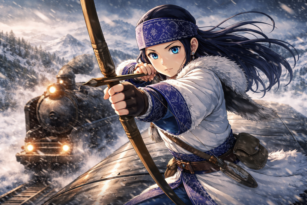 Asirpa’s calm determination shines as she prepares to strike, showing her strength and intelligence in the heat of battle.