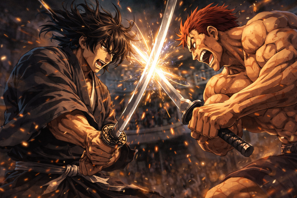A high-intensity clash between ancient samurai techniques and modern brute strength, highlighting the core theme of the series.