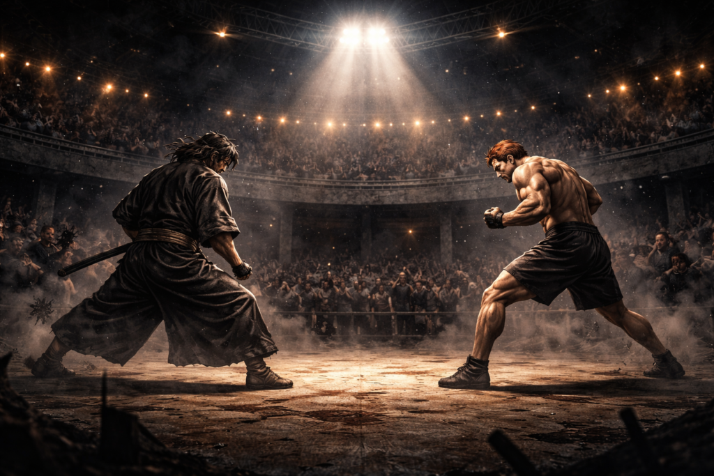The brutal underground arena where warriors fight without rules, capturing the raw and gritty essence of Baki’s world.