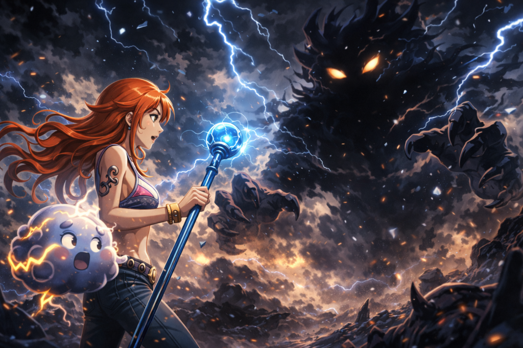Nami and Zeus confront a terrifying Dream Monster during their attempt to save civilians from the Alba fire.