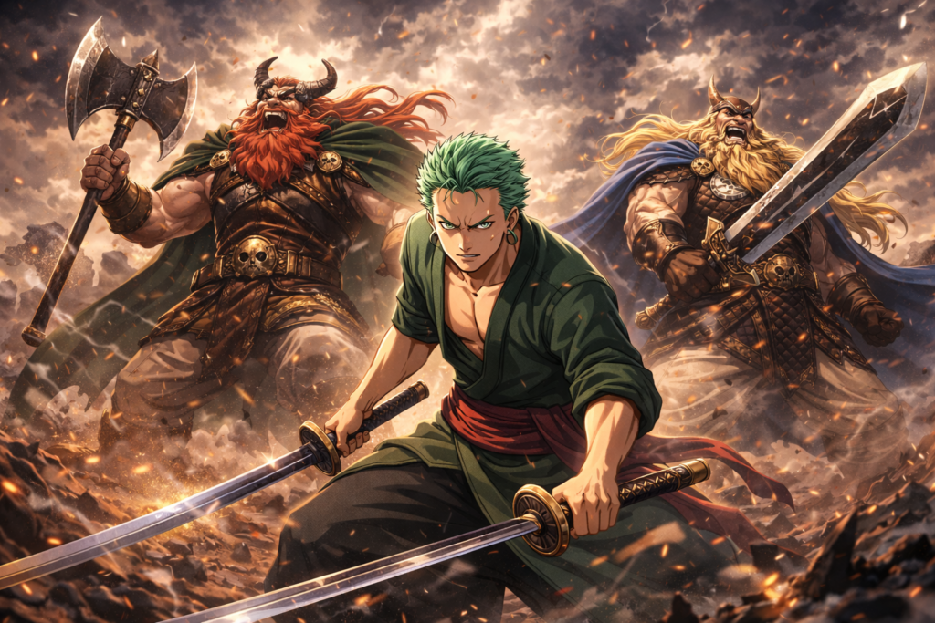 Zoro joins forces with the giants to form a powerful frontline against the remaining enemies.