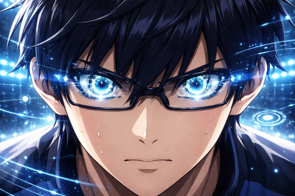 A visual representation of Yugo’s evolved Meta-Vision, where interlocking gears symbolize his ability to synchronize and control the entire match like a midfield engine.