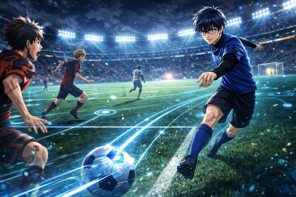 This scene captures the tactical brilliance of Yugo’s play, where perfect awareness and coordination allow him to bypass the defense and create a decisive goal opportunity.