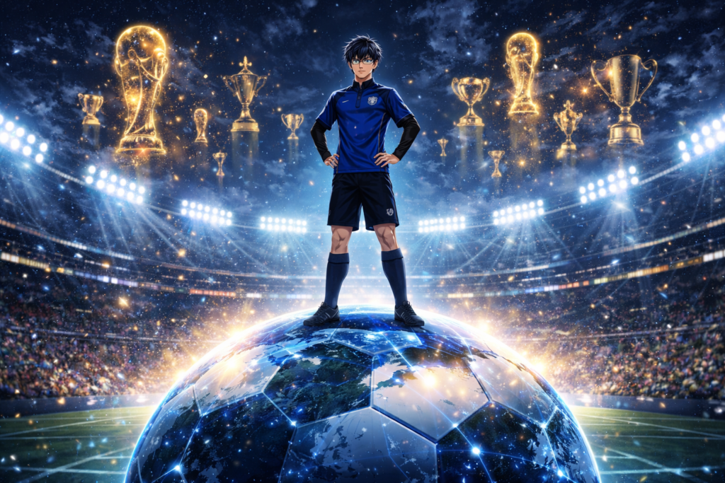This symbolic image reflects Yugo’s ambitious dream of winning multiple World Cups and surpassing legendary football records.