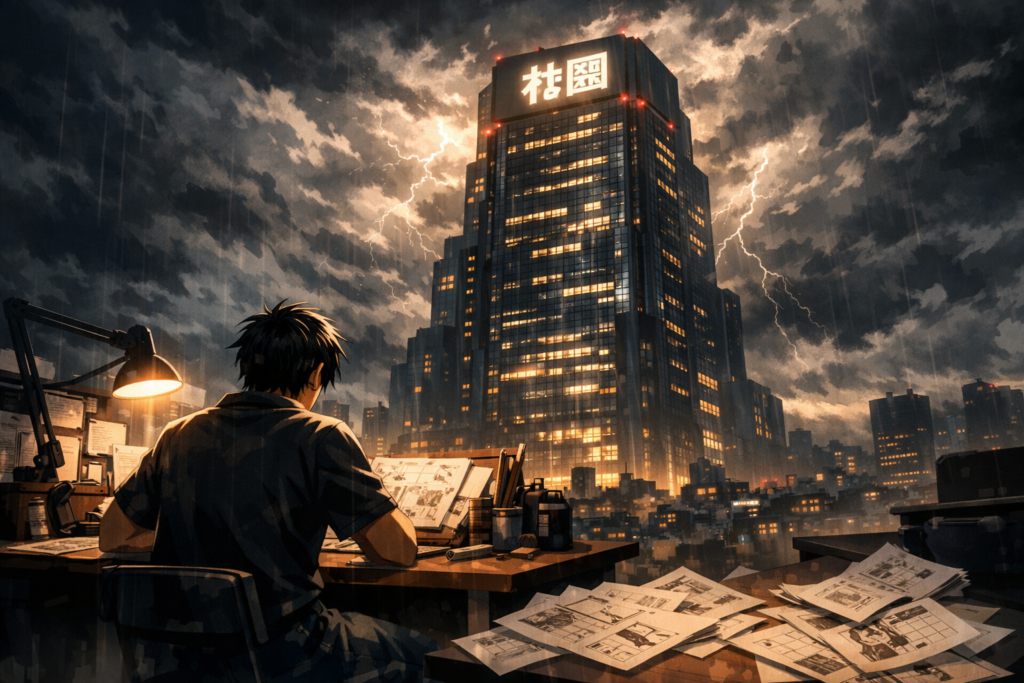 A symbolic scene representing the tension between manga creators and major publishing companies during the Shogakukan controversy.