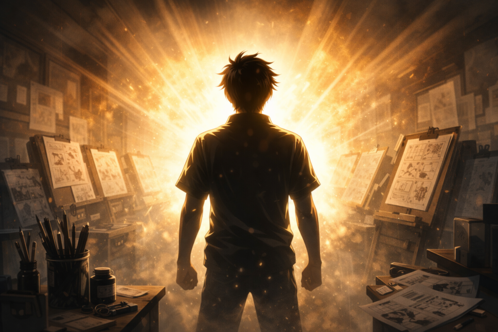 A symbolic representation of ONE, the creator of One-Punch Man, standing up for ethics and responsibility within the manga industry.