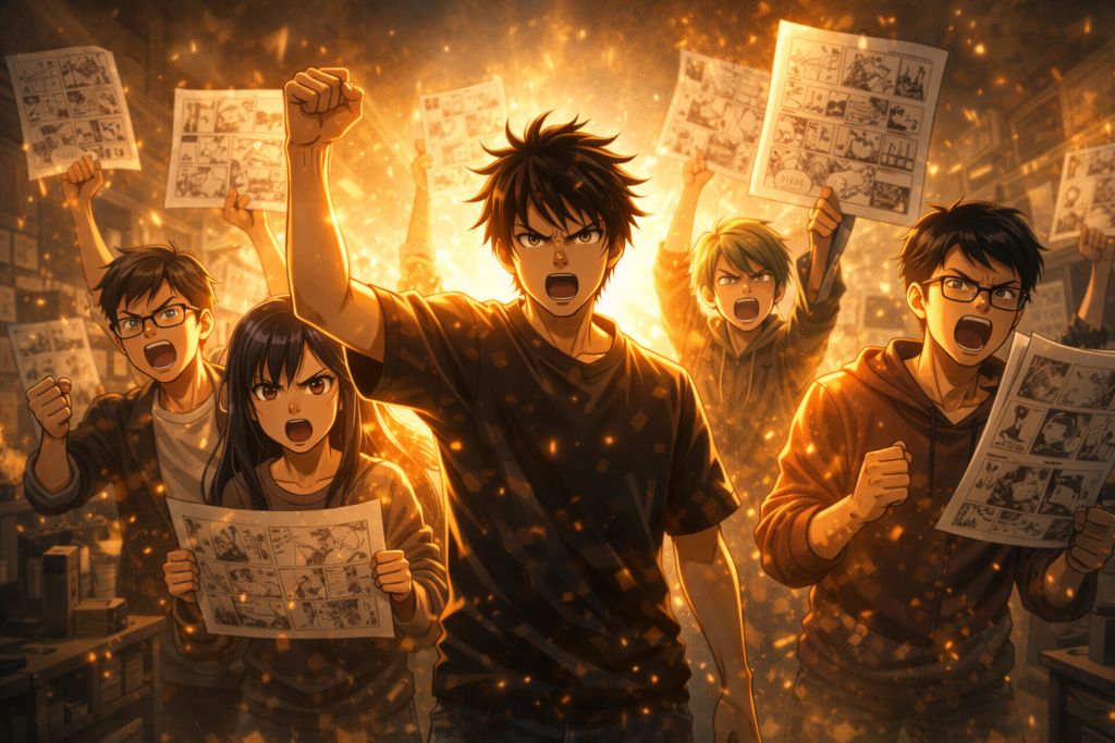 Illustrates multiple manga creators uniting in protest against the publisher’s controversial decisions.