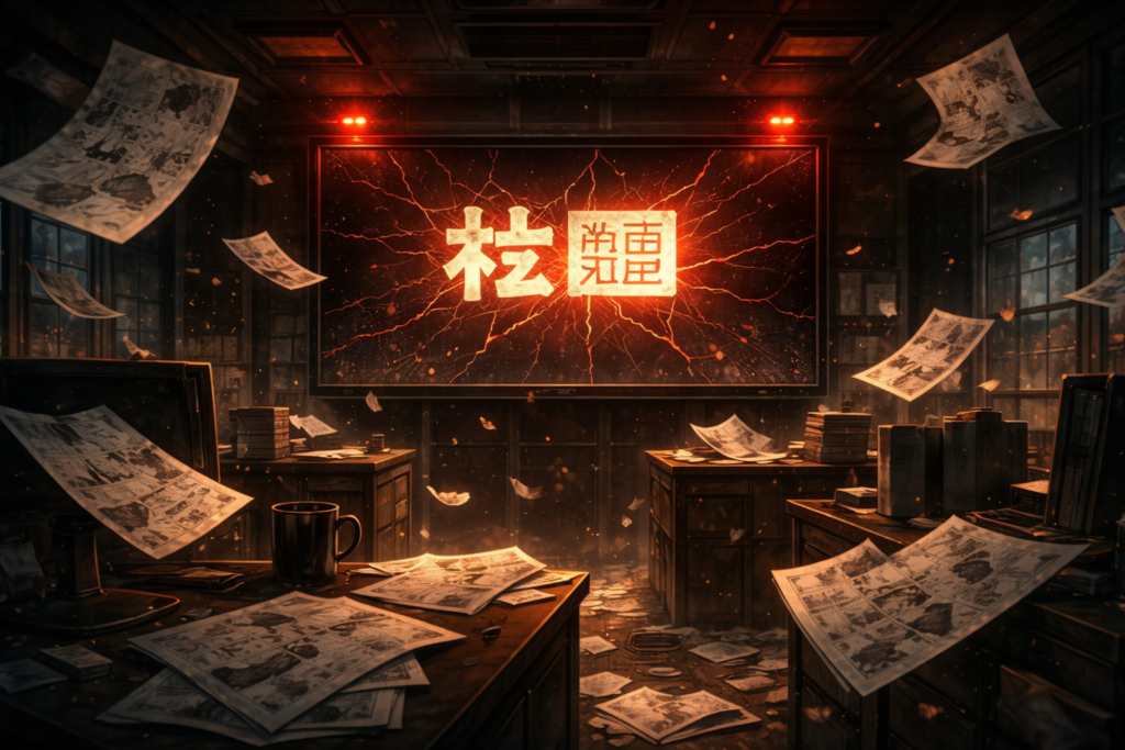 A dramatic visual symbolizing the publishing scandal that triggered widespread backlash from manga creators and fans.