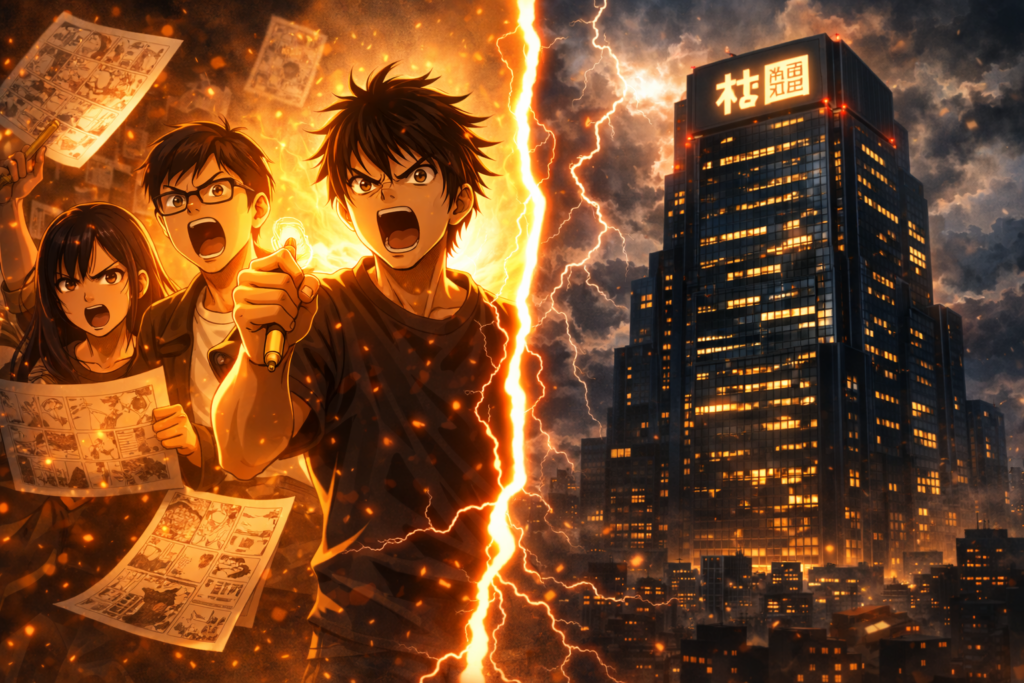 A dramatic thumbnail-style image showing the clash between manga creators and the publishing giant at the center of the controversy.