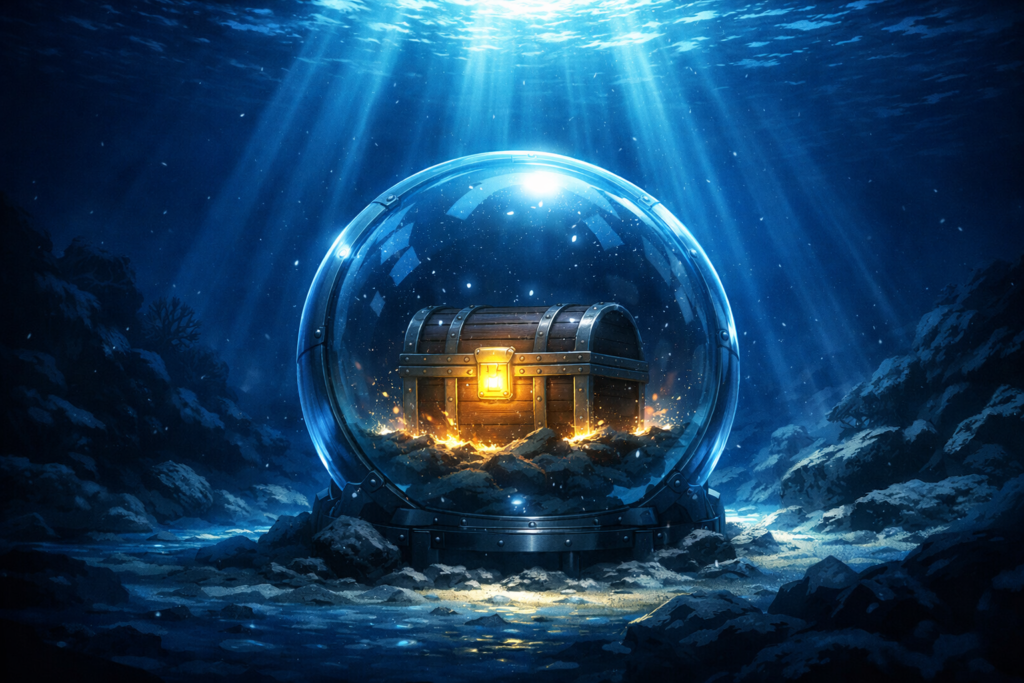 A symbolic visual representing Eiichiro Oda’s real-world treasure drop, where the secret of One Piece was sealed inside a chest and sent deep into the ocean.