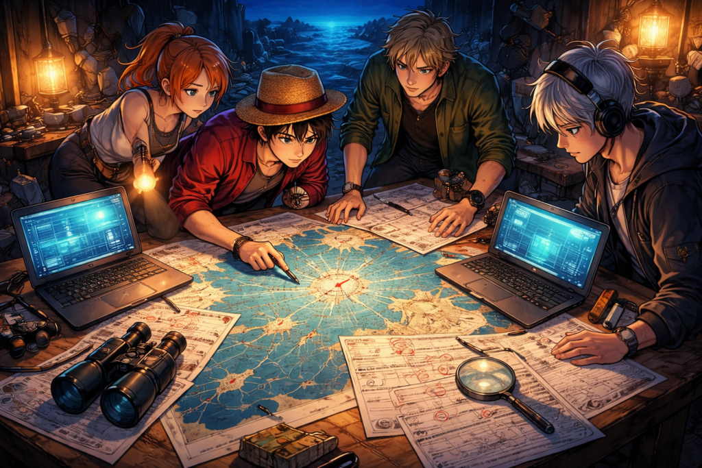 A visual representation of fans around the world analyzing maps and clues to locate the real-life treasure dropped by Oda.