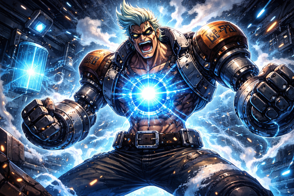 Franky activates his Super Vegapunk Cola upgrade, unleashing a powerful new energy source that dramatically boosts his speed and combat ability.