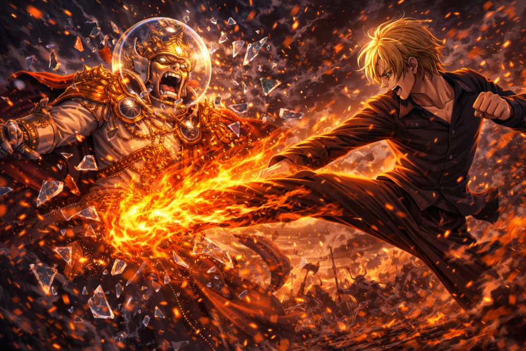 Sanji unleashes Ifrit Jambe, delivering a devastating fiery kick that shatters Killingham’s mask and turns the tide of battle.
