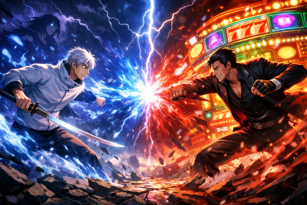 A dramatic face-off between two elite jujutsu sorcerers as cursed energy collides mid-battle, symbolizing the ultimate Hakari vs Yuta showdown.