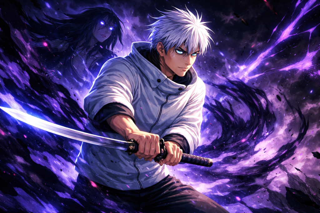 A powerful portrait of Yuta channeling immense cursed energy with a protective spirit looming behind him.