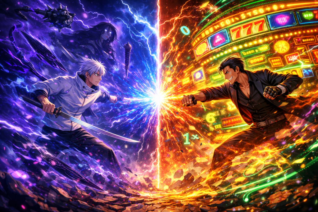 A split-screen visual of two overwhelming domain expansions colliding in an explosive supernatural confrontation.