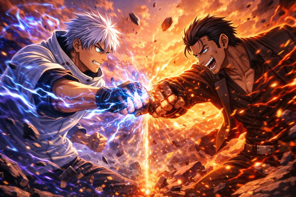 A fast-paced close combat moment highlighting the raw physical intensity of Hakari vs Yuta.