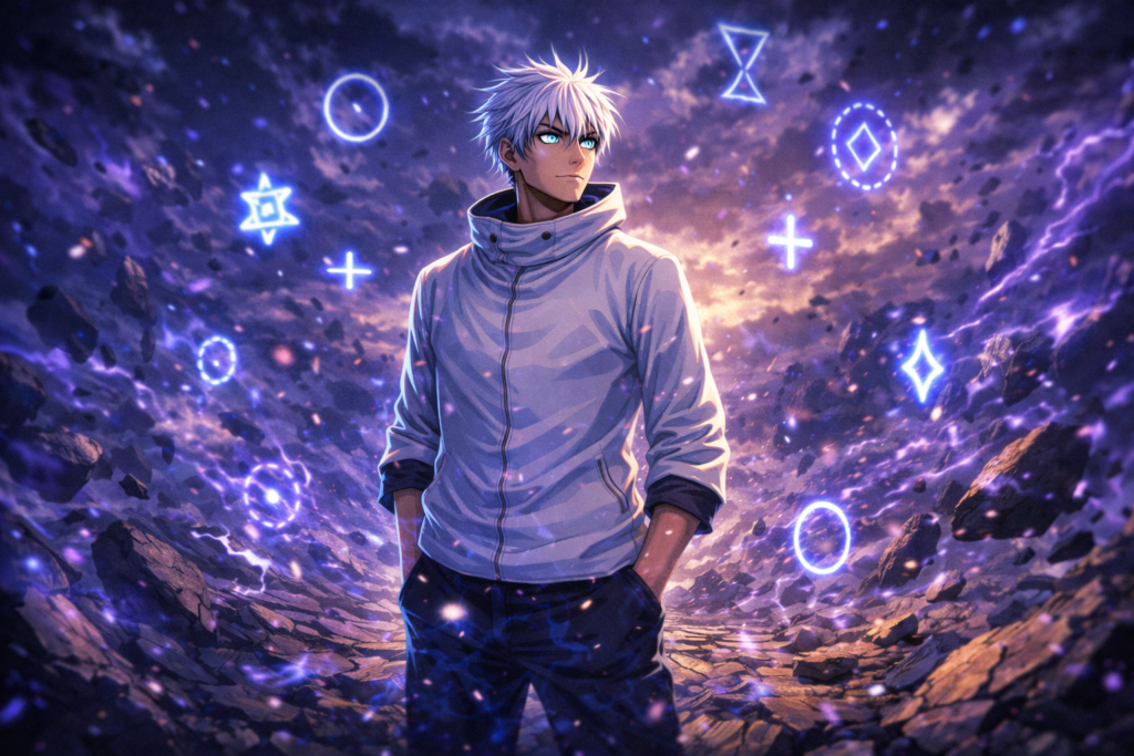 A strategic pause in battle, representing Yuta’s calculated approach and battle intelligence.