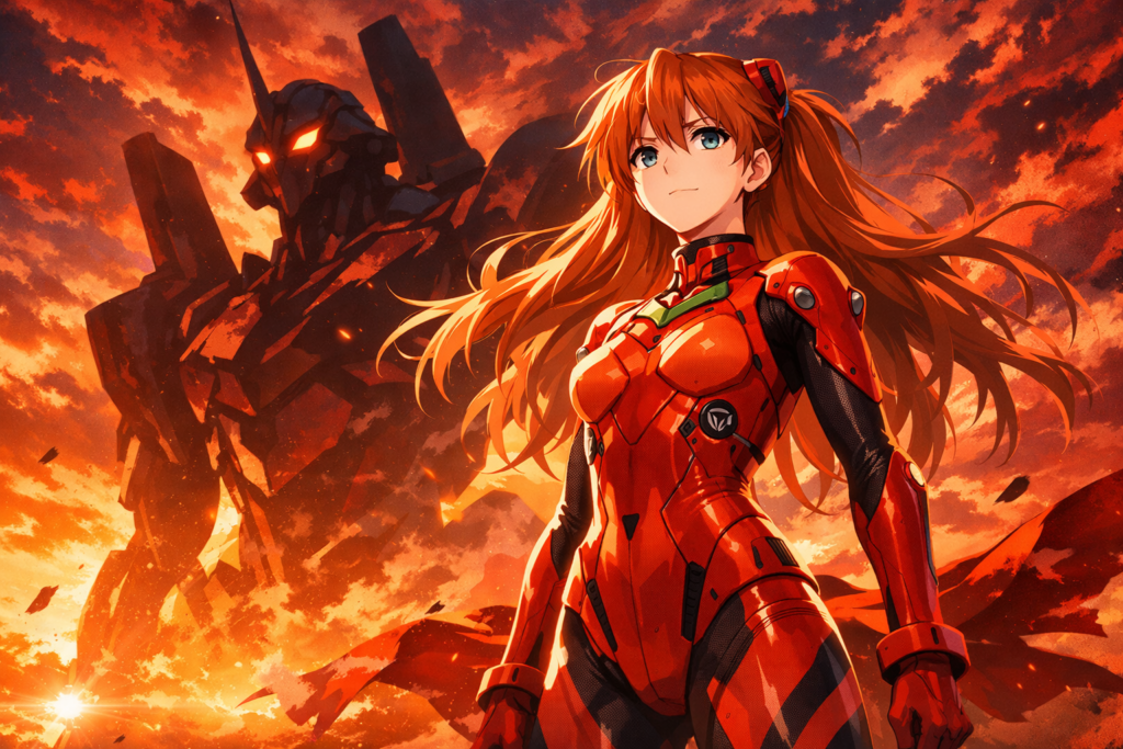 This image represents the 30th anniversary celebration of Evangelion, highlighting Asuka and the legendary EVA unit that defined the franchise.