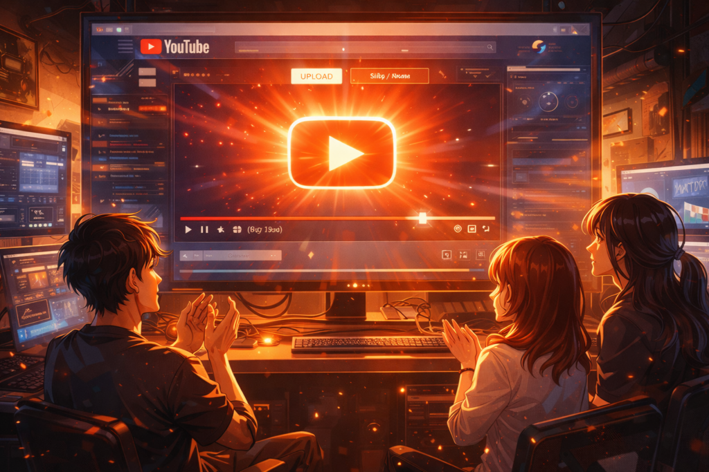 This image illustrates Studio Khara’s decision to release the short film officially on YouTube, turning a mistake into a fan celebration.