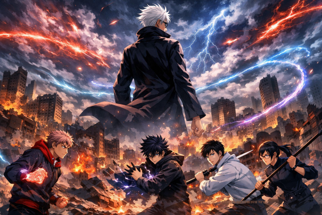 This image represents the massive scale of the Culling Game arc, showing the dangerous battlefield where sorcerers fight for survival. It works perfectly as a featured image or blog header.