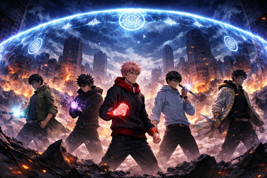 This visual highlights the start of the Culling Game, the deadly ritual where fighters are forced to battle inside colonies. It symbolizes the high-stakes survival game central to Season 3.