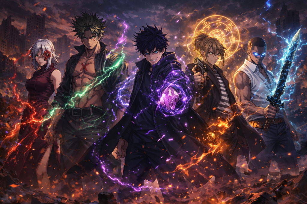 This image symbolizes the many new characters introduced in the Culling Game, each bringing unique cursed techniques and unpredictable power into the tournament.