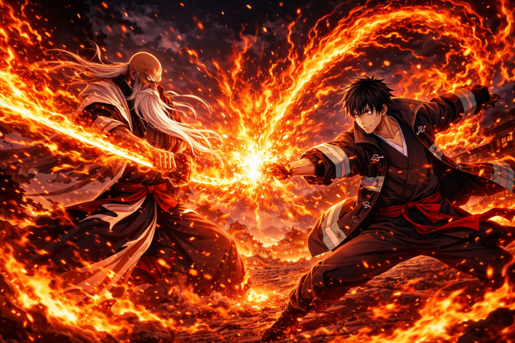 This dramatic visual imagines the ultimate Yamamoto vs Benimaru showdown. Both masters of fire unleash their strongest abilities, creating a battlefield filled with flames and explosive energy.