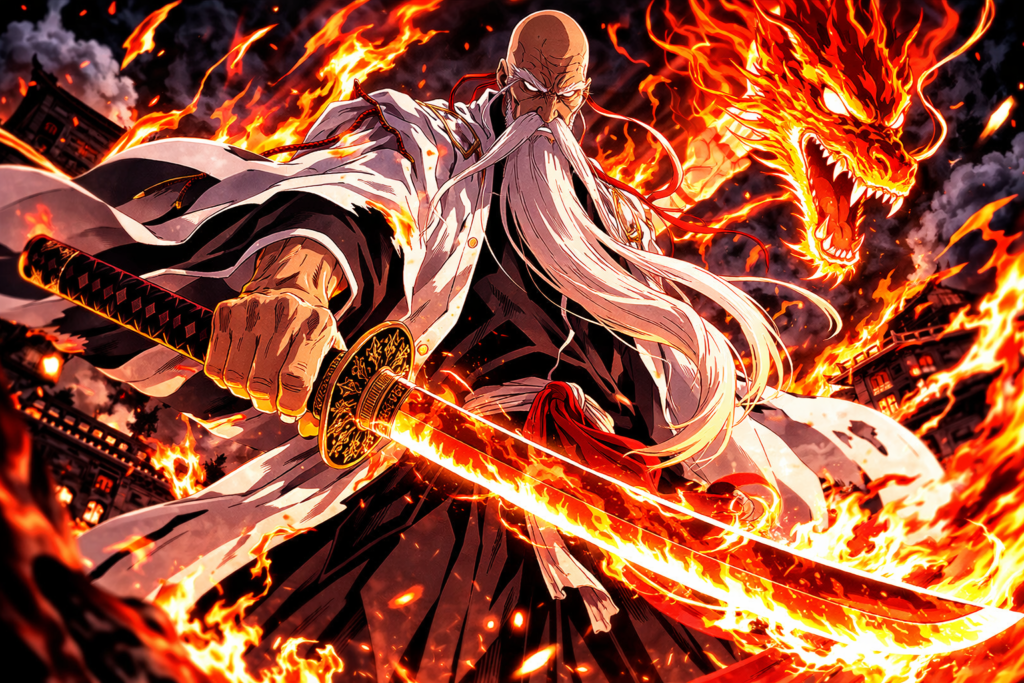 This image represents Yamamoto, the Captain-Commander of the Soul Society, standing with his legendary flame sword. The burning aura around him symbolizes the overwhelming power of his Ryujin Jakka, the strongest fire-type Zanpakuto in Bleach.