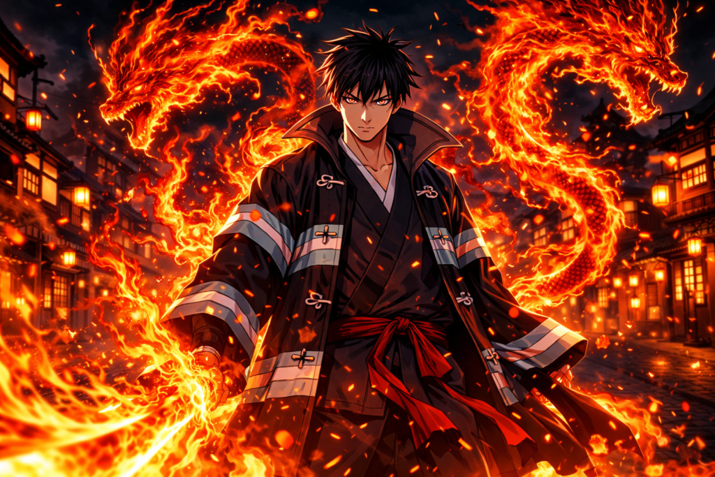 This visual highlights Benimaru Shinmon, the fearless protector of Asakusa. Known for his incredible flame manipulation abilities, Benimaru is considered one of the strongest pyrokinetic fighters in Fire Force.