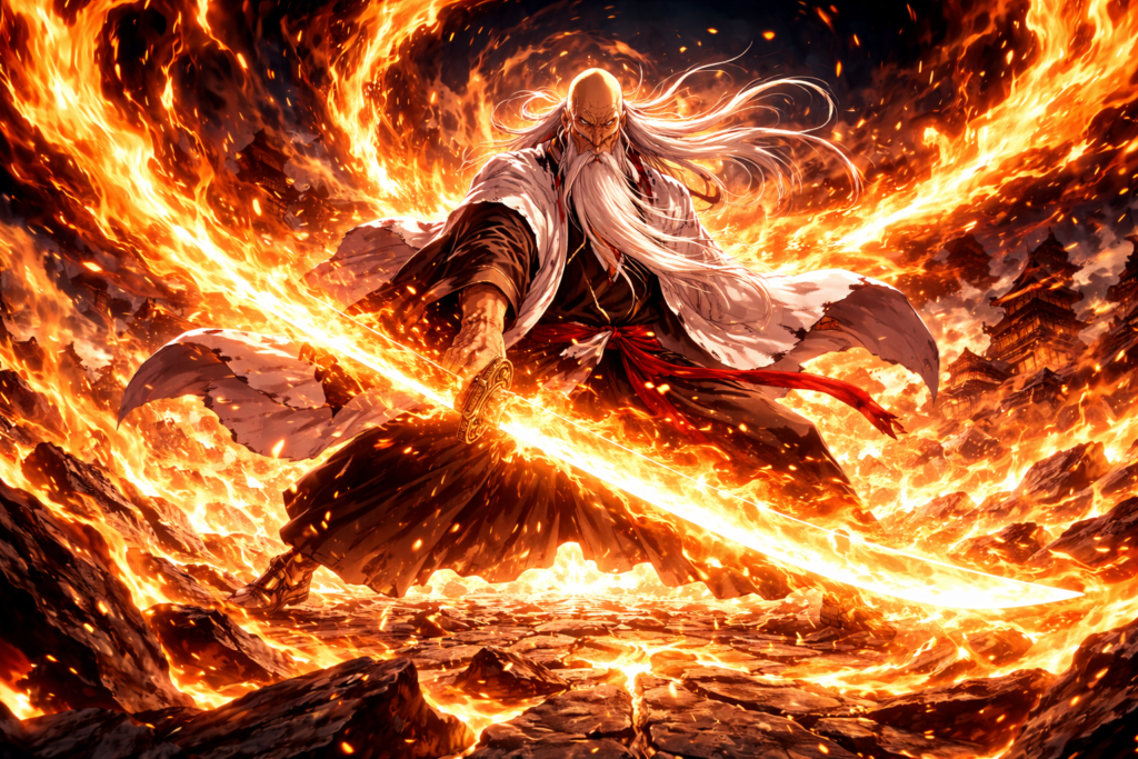 This visual highlights Benimaru Shinmon, the fearless protector of Asakusa. Known for his incredible flame manipulation abilities, Benimaru is considered one of the strongest pyrokinetic fighters in Fire Force.